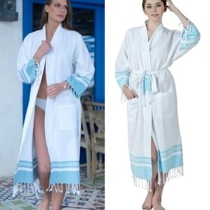 Pamooq Turkish Cotton Kimono Maxi Robe S/M Fringed Belted Spa Resortwear Chic